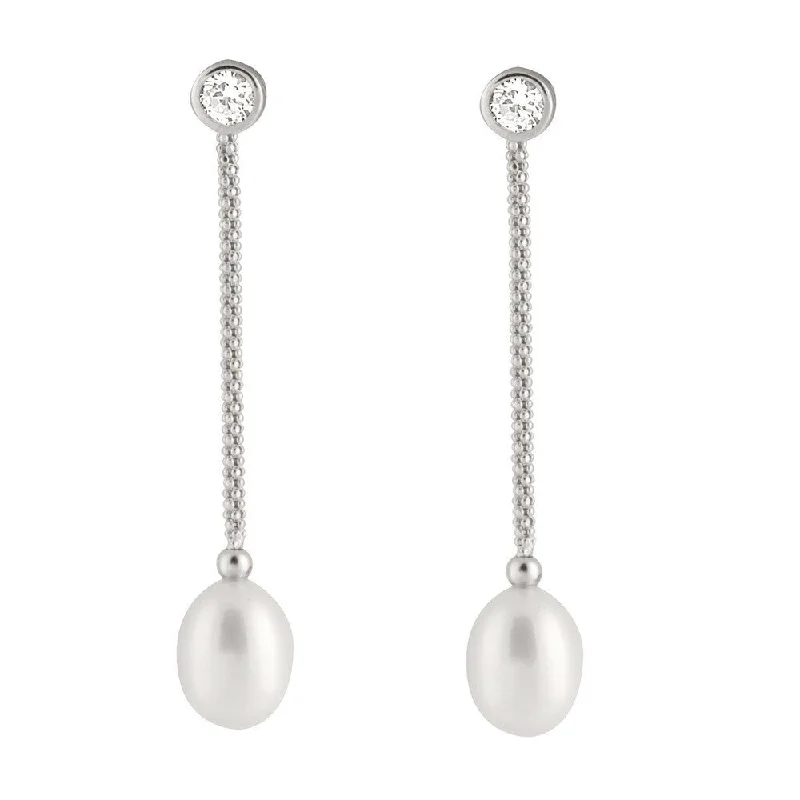 Sterling Silver Freshwater Pearl Long Drop Earrings (7-8mm)