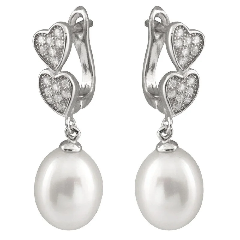 Sterling Silver Micropave Heart Cubic Zirconia and Freshwater Pearl Earrings