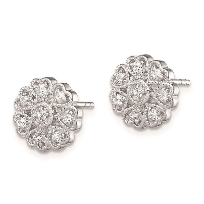 Sterling Silver Rhodium- Plated Cubic Zirconia Flower Heart Earrings (L-11 mm, W-11 mm)